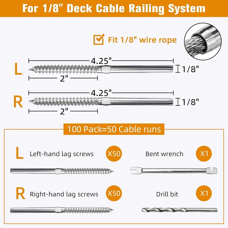 CELYND Swage Lag Screws for Cable Railing - 100 Pack T316 Stainless Steel Left and Right Handed Thread - 1/8" Cable Railing Hardware Kit for Deck Stair Wood Post Railing System - Image 2